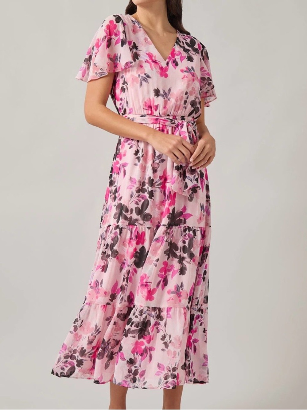 Kasper Pink and Black Floral Tie-Waist Maxi Dress size medium